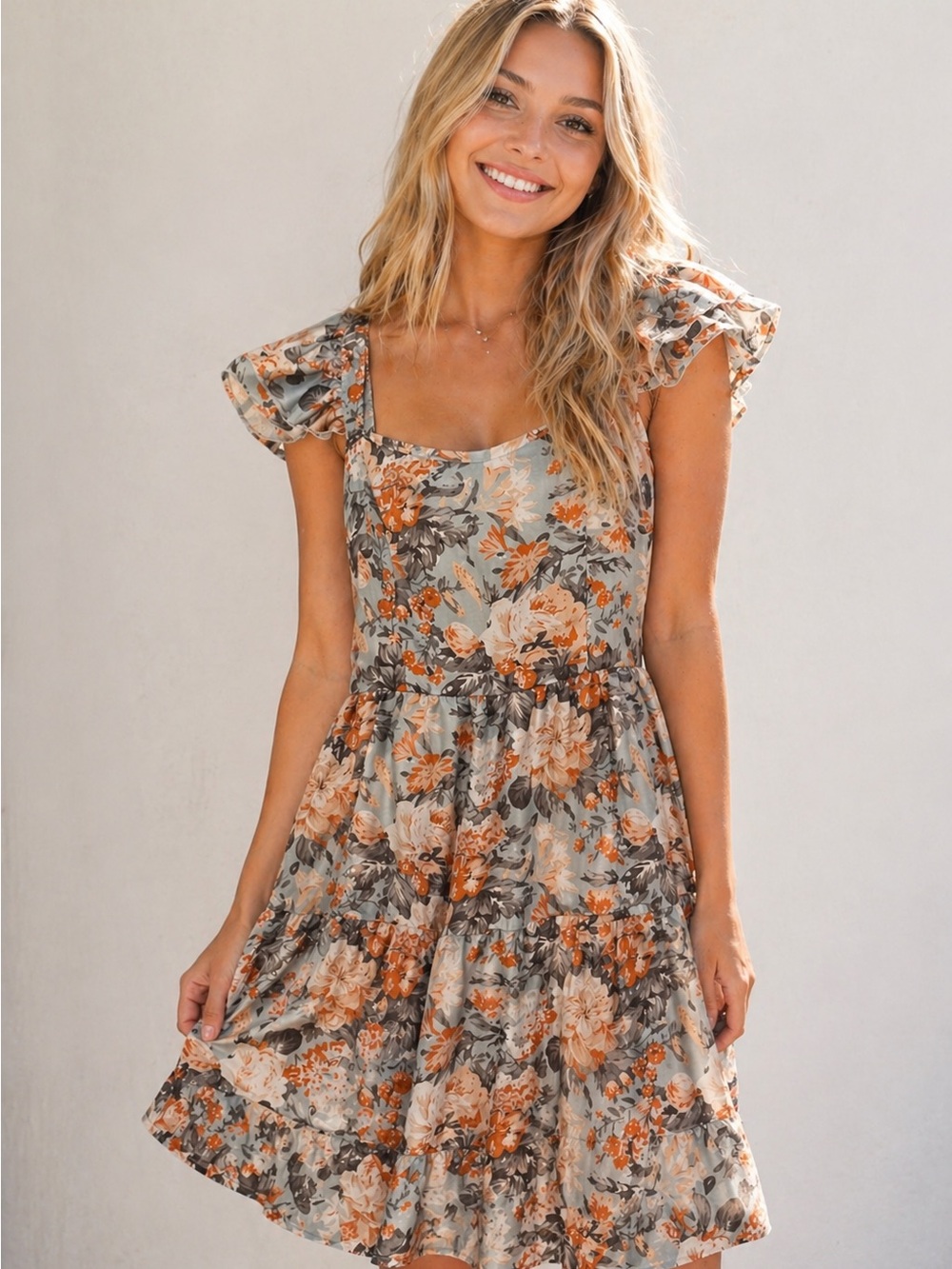 SHEIN Blue Floral Midi Dress with Orange & Cream Blossoms